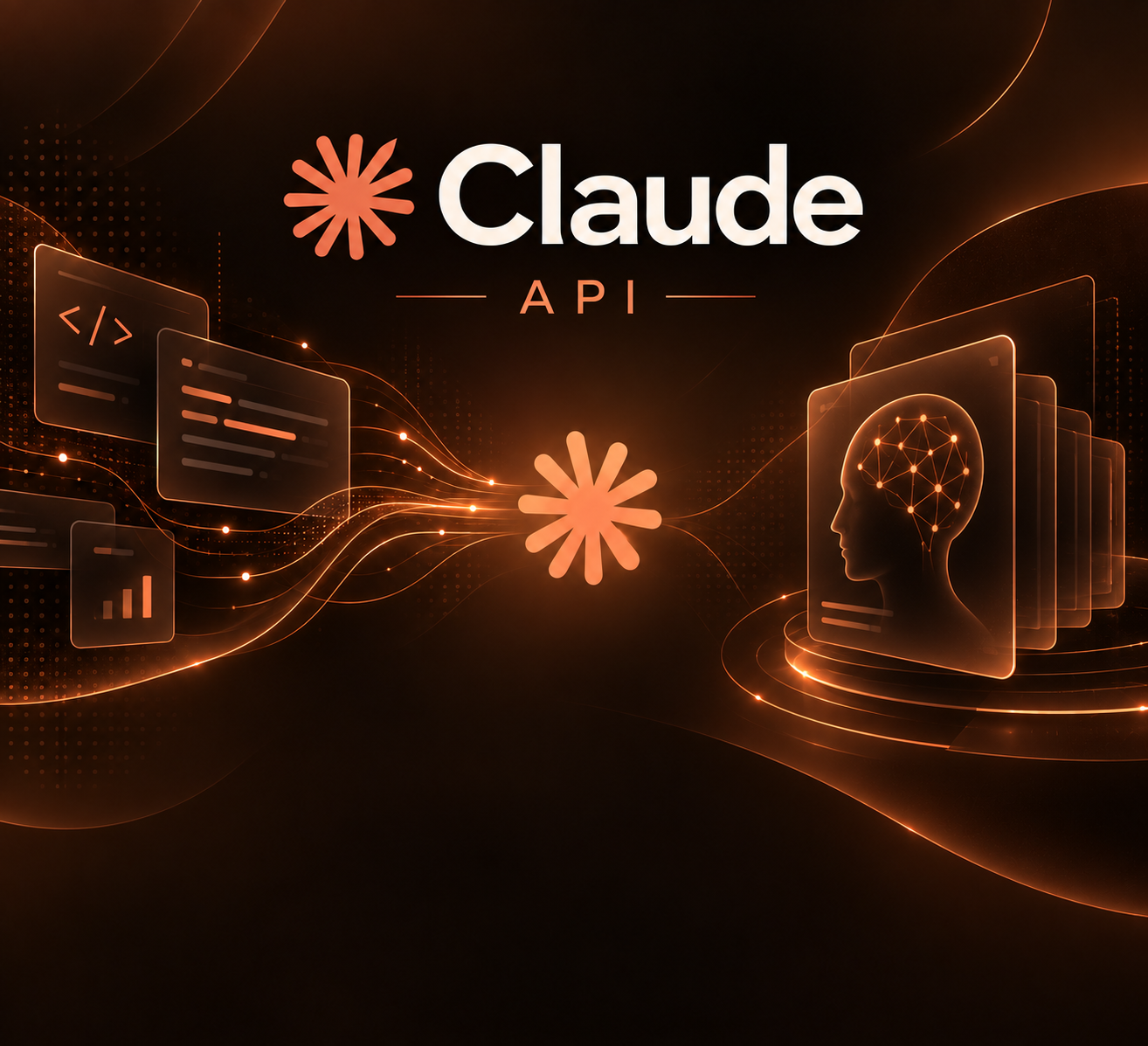 Claude API product artwork with connected code and AI interface graphics